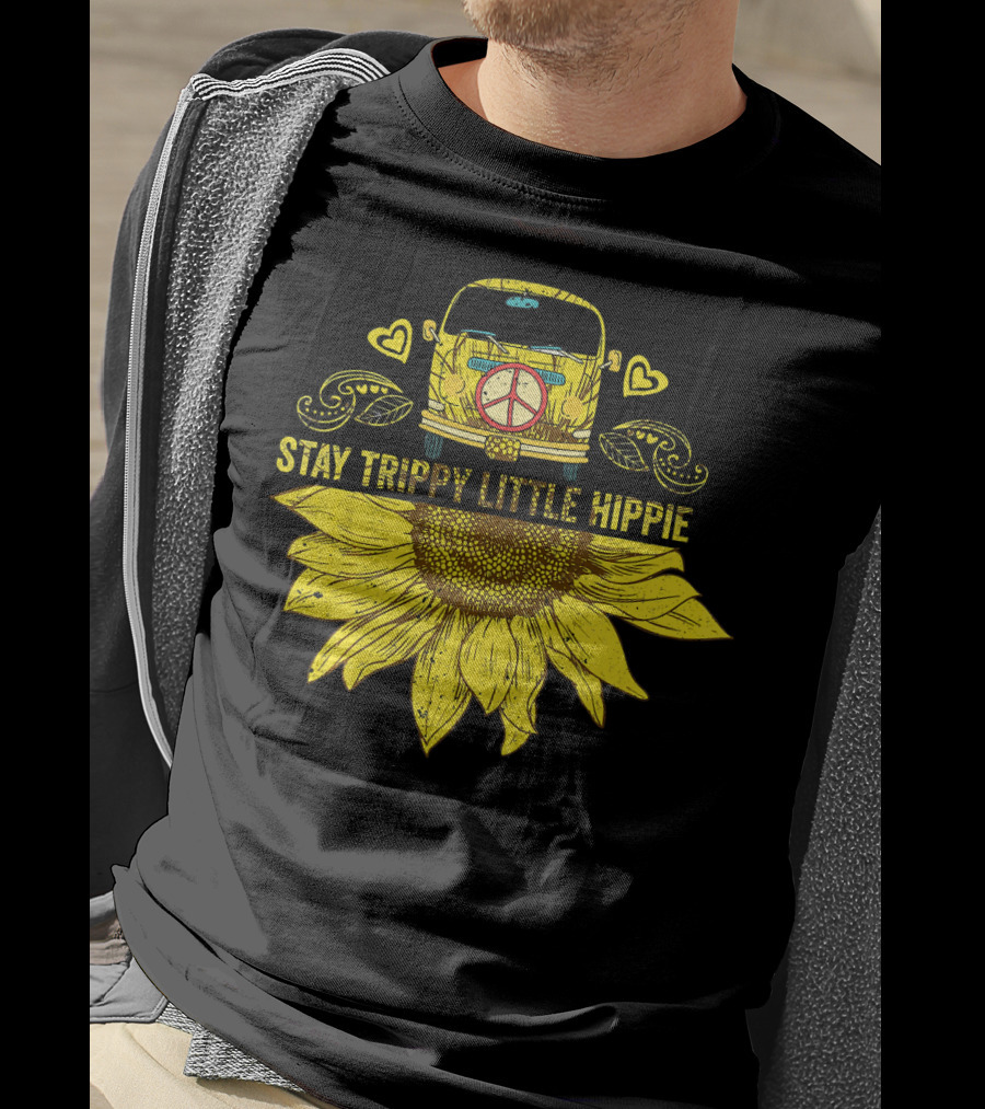 Stay Trippy Little Hippie Peace Sign Bus With Sunflower And Hearts T-Shirt
