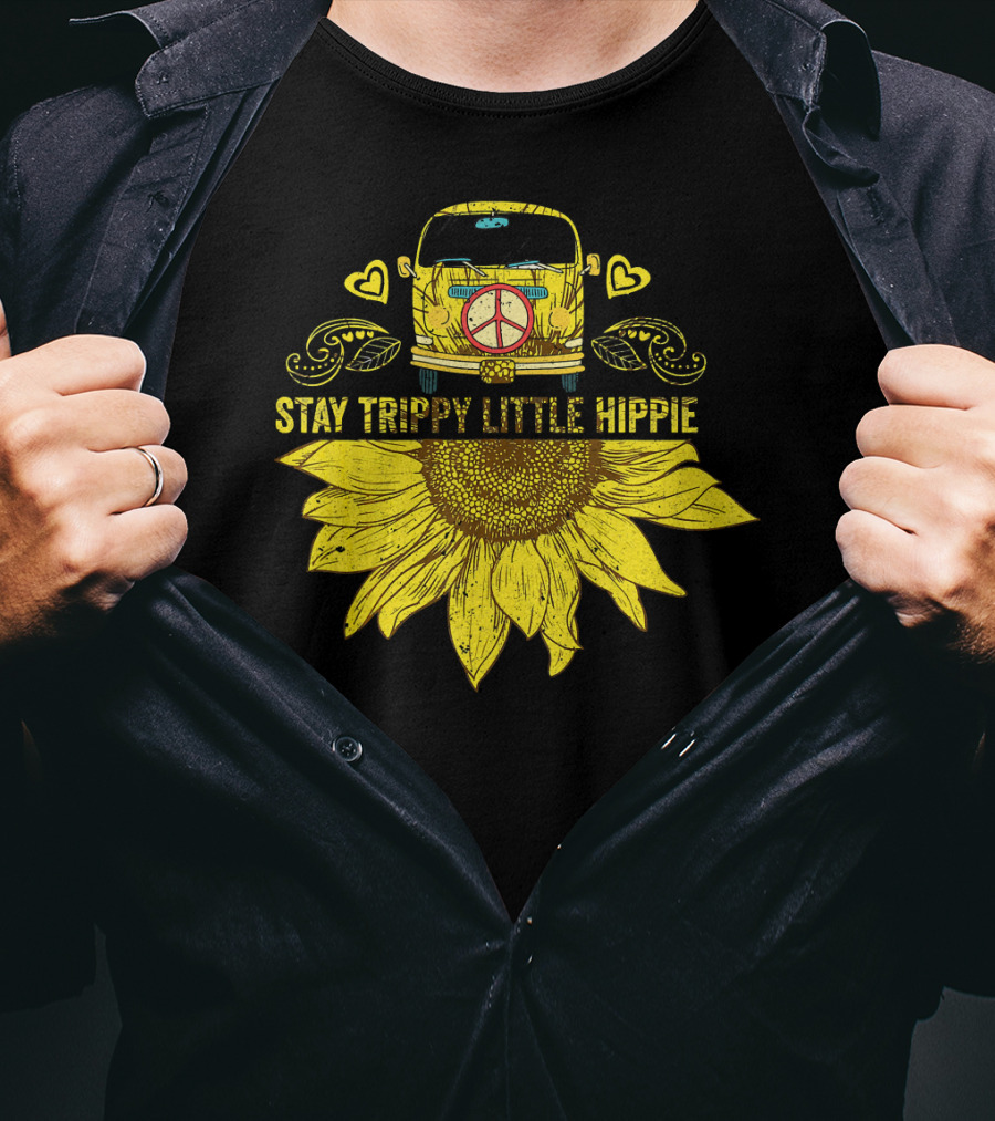 Stay Trippy Little Hippie Peace Sign Bus With Sunflower And Hearts T-Shirt