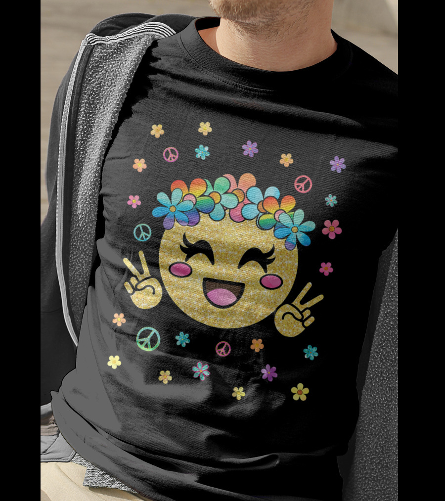 Emoji Kawaii Glitter Peace Rainbow Flower Crown T-Shirt
