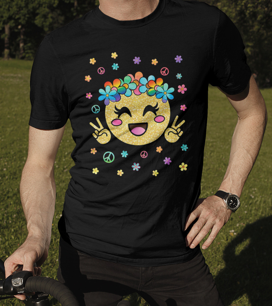 Emoji Kawaii Glitter Peace Rainbow Flower Crown T-Shirt