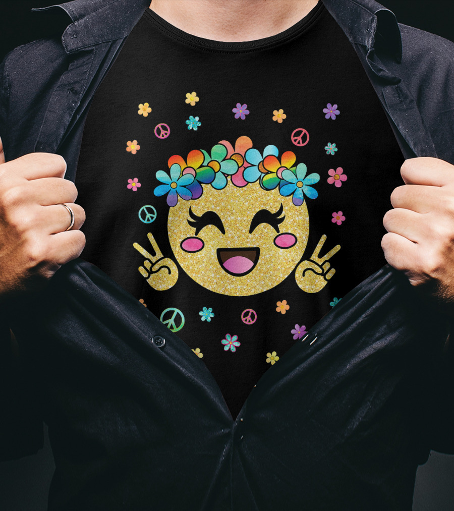 Emoji Kawaii Glitter Peace Rainbow Flower Crown T-Shirt