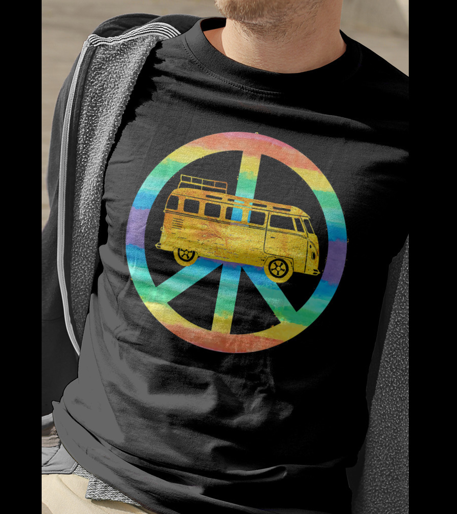 Vintage Hippie Bus Rainbow Van Peace Sign T-Shirt
