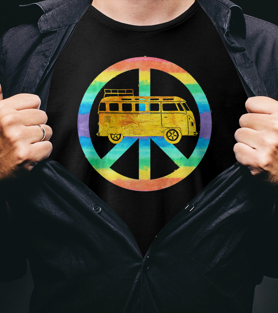 Vintage Hippie Bus Rainbow Van Peace Sign T-Shirt