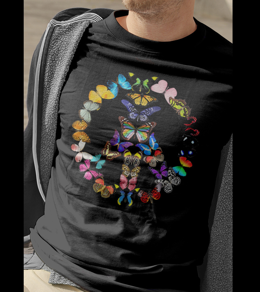 Peace Sign Butterflies 1960s Vibes Rainbow Colors T-Shirt
