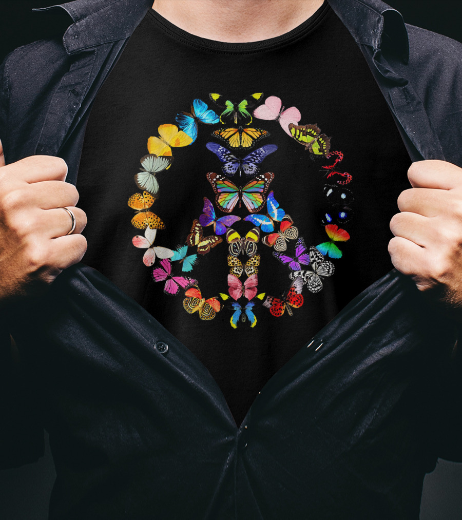 Peace Sign Butterflies 1960s Vibes Rainbow Colors T-Shirt