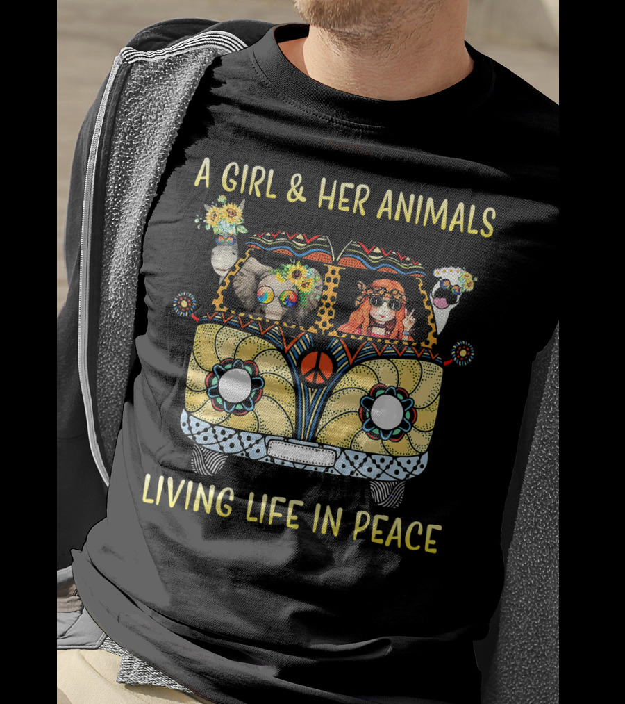 A Girl And Her Animals In A Hippie Van Living Life In Peace T-Shirt