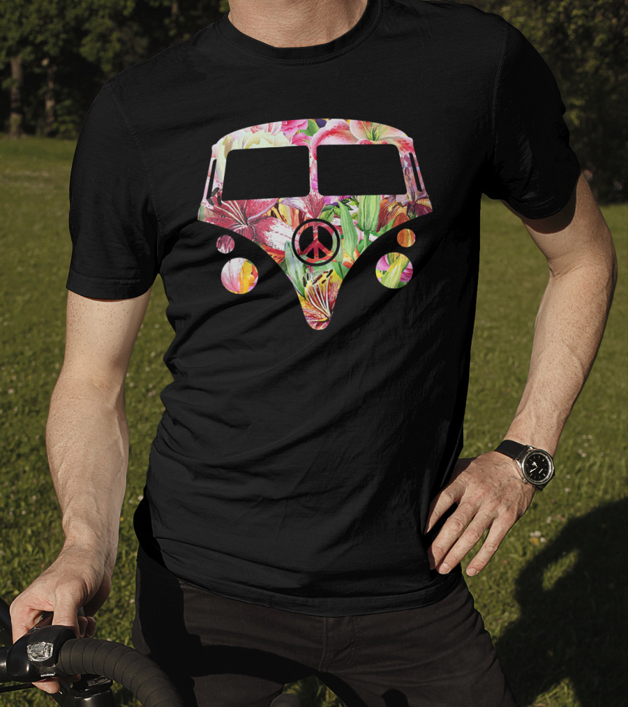 Peace Sign Floral Hippy Camper Van With Colorful Flower T-Shirt
