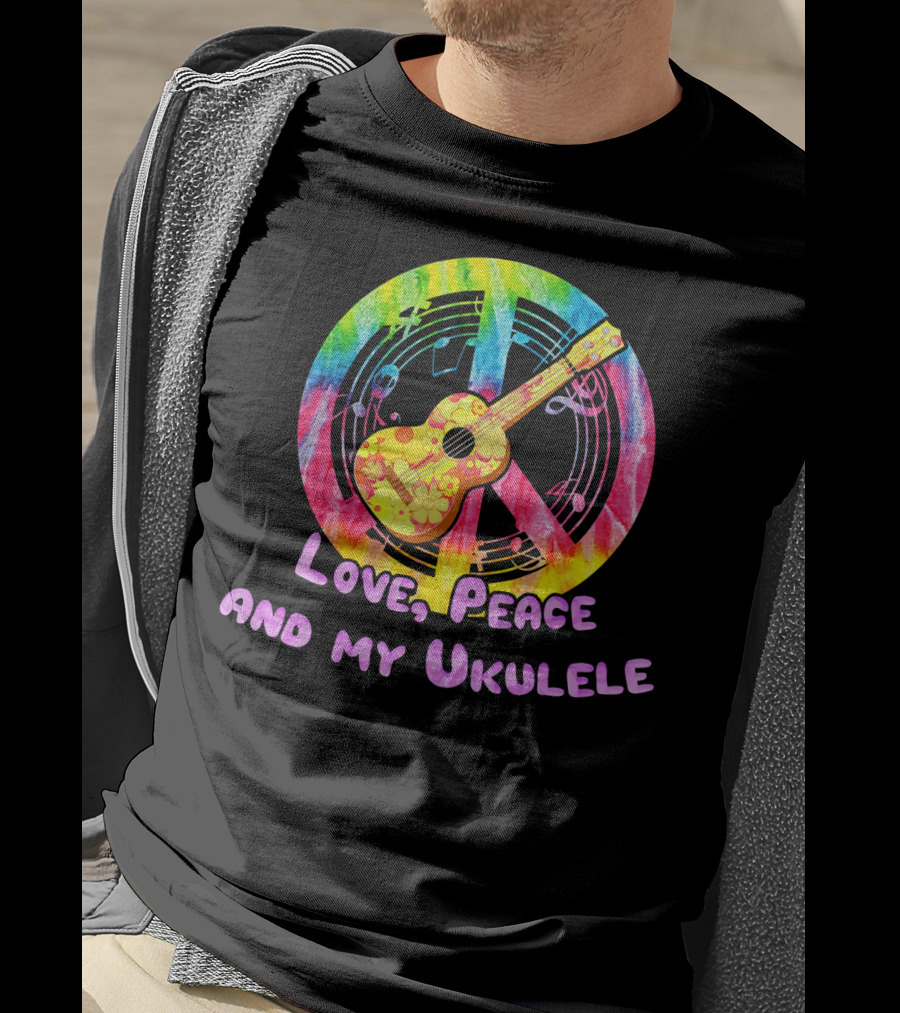 Love Peace And My Ukulele Music Hippi Rainbow Guitar Peace Sign T-Shirt