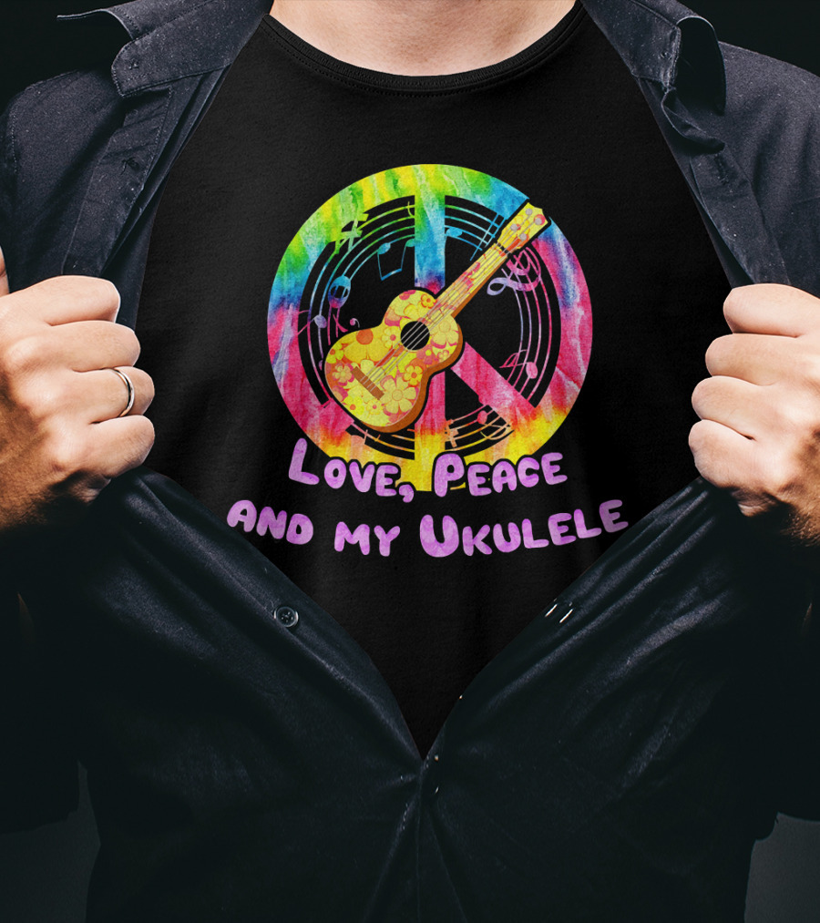 Love Peace And My Ukulele Music Hippi Rainbow Guitar Peace Sign T-Shirt