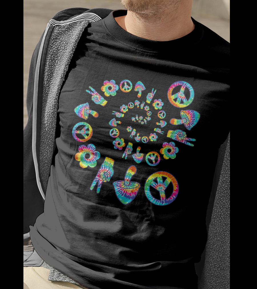 Trippy Peace Sign Tie-Dye Spiral With Colorful Hippie Mushroom And Flower Symbols T-Shirt