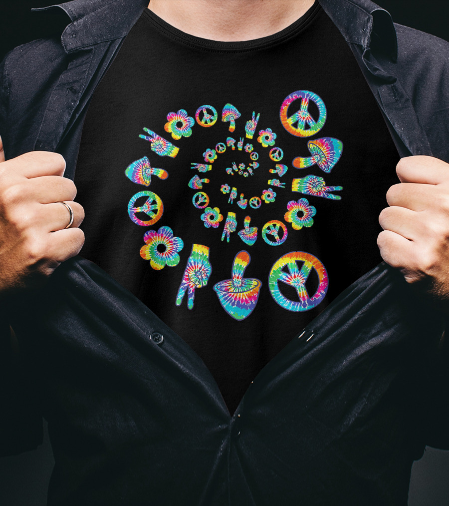 Trippy Peace Sign Tie-Dye Spiral With Colorful Hippie Mushroom And Flower Symbols T-Shirt