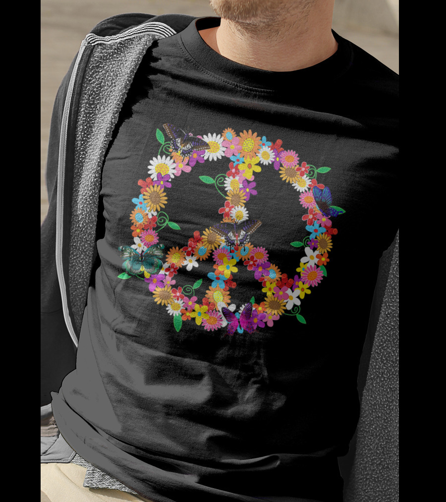 Fluttering Spring Flowers Peace Sign T-Shirt