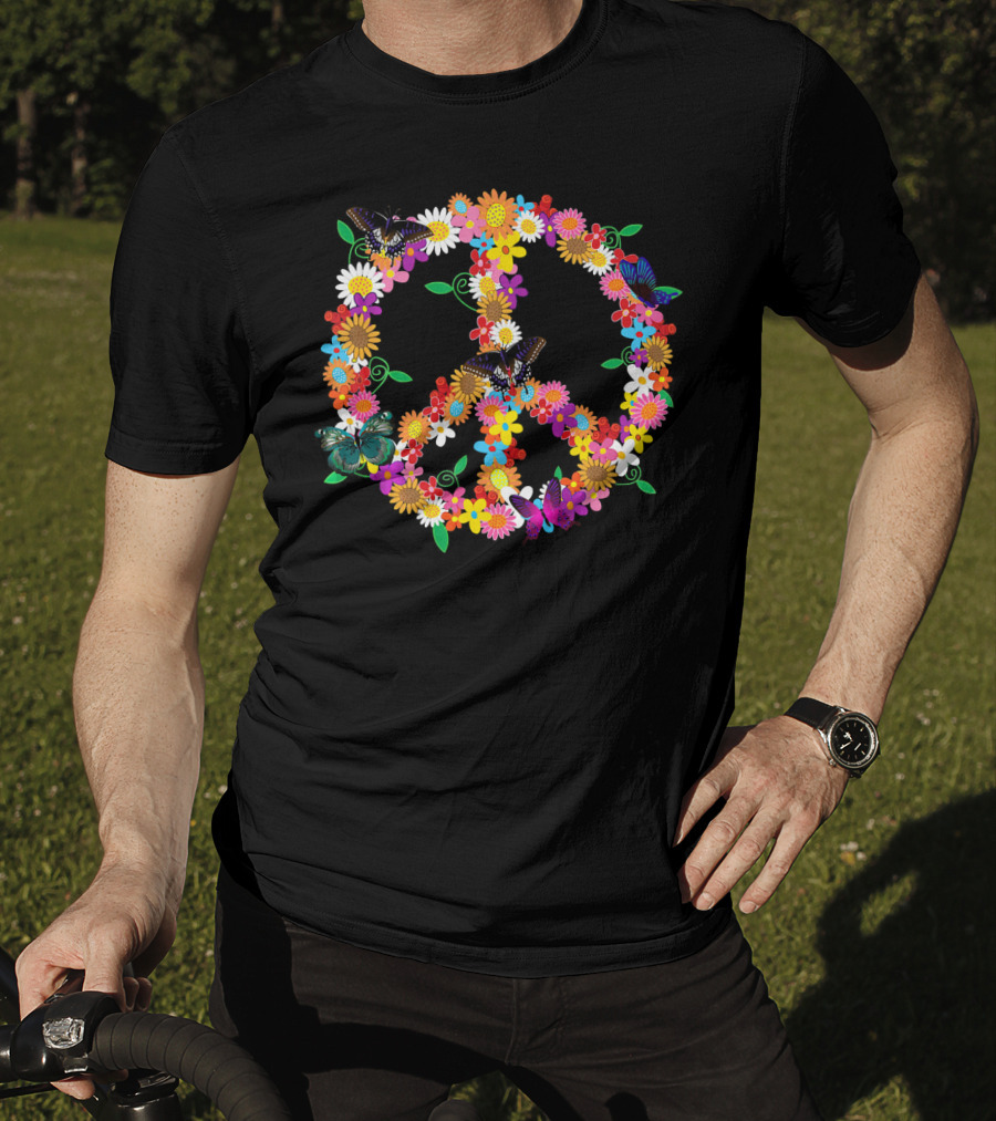 Fluttering Spring Flowers Peace Sign T-Shirt