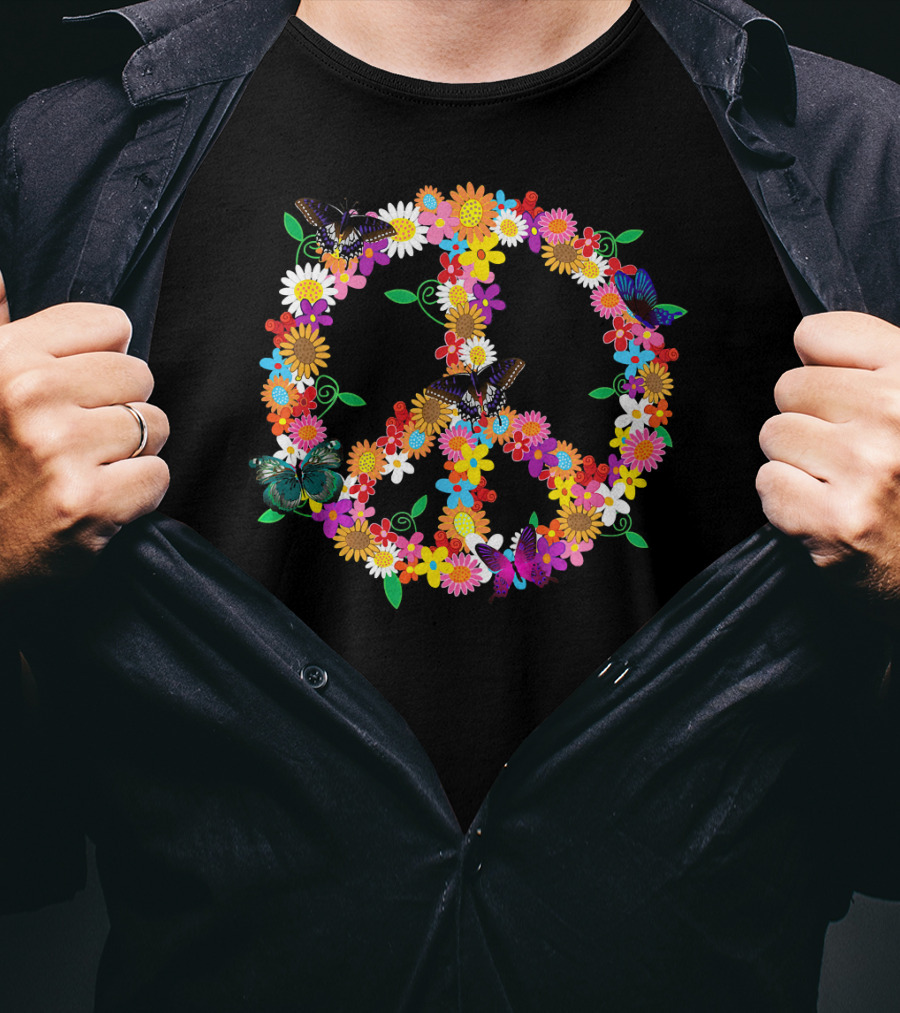 Fluttering Spring Flowers Peace Sign T-Shirt