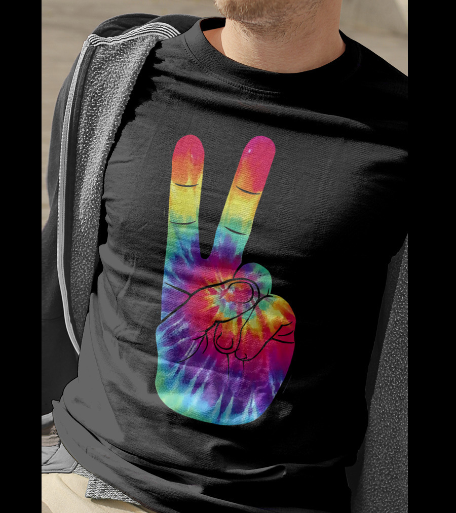 Tie Dye Peace Sign Hand Gesture Rainbow Victory T-Shirt