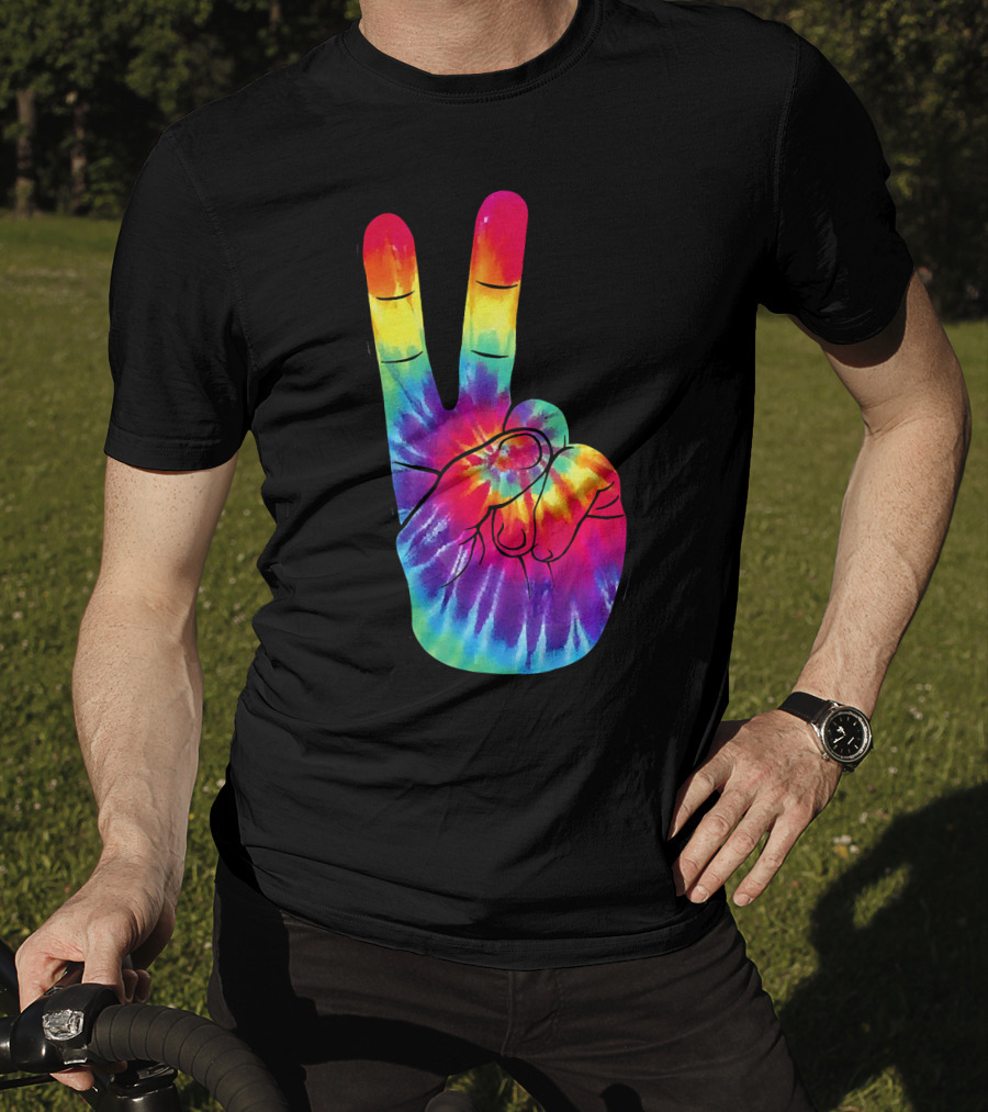 Tie Dye Peace Sign Hand Gesture Rainbow Victory T-Shirt