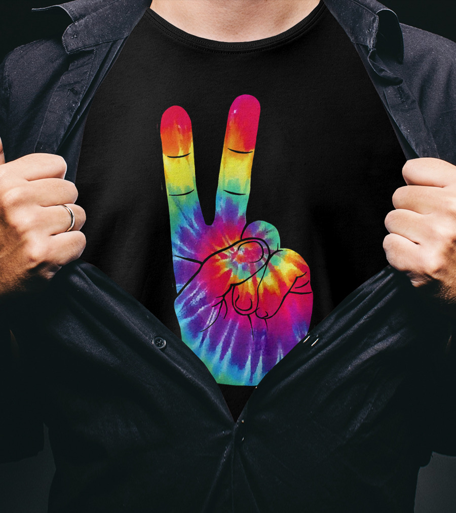 Tie Dye Peace Sign Hand Gesture Rainbow Victory T-Shirt