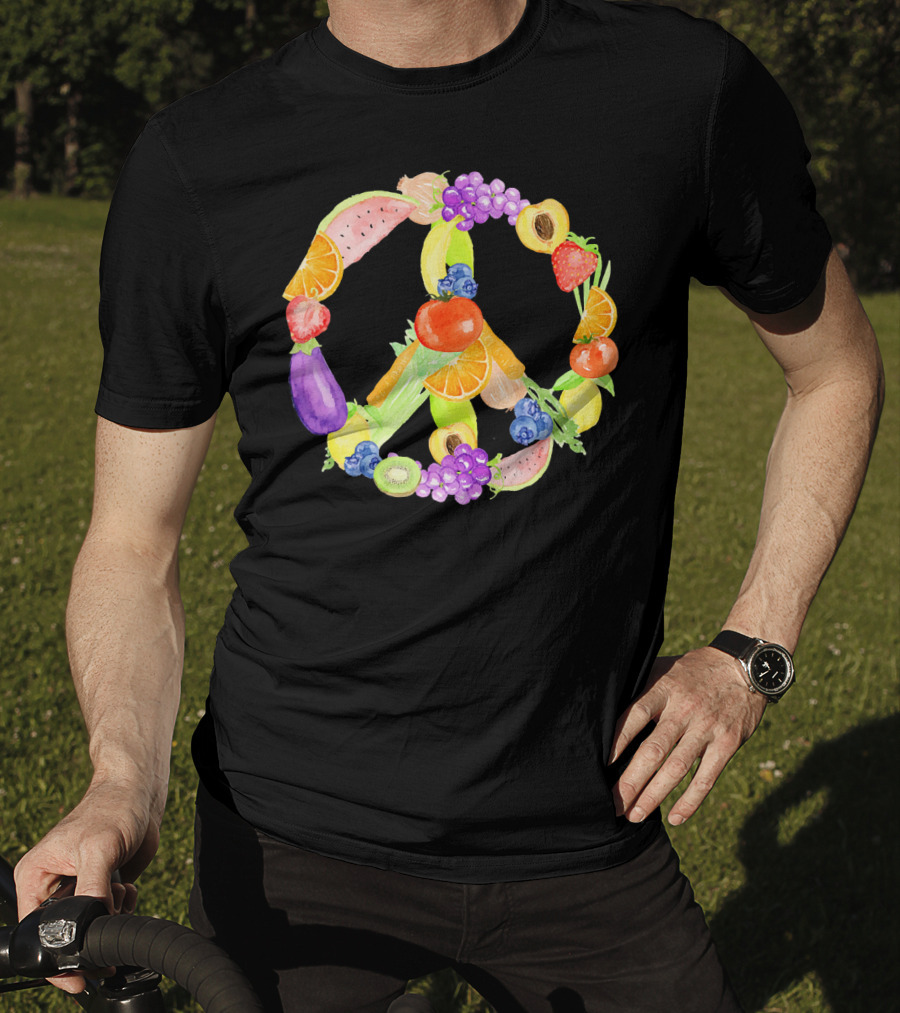Vegan Fruits Vegetables Peace Sign Watermelon Orange Strawberry Eggplant Banana Kiwi T-Shirt