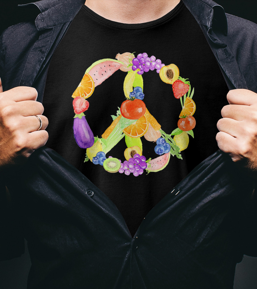 Vegan Fruits Vegetables Peace Sign Watermelon Orange Strawberry Eggplant Banana Kiwi T-Shirt
