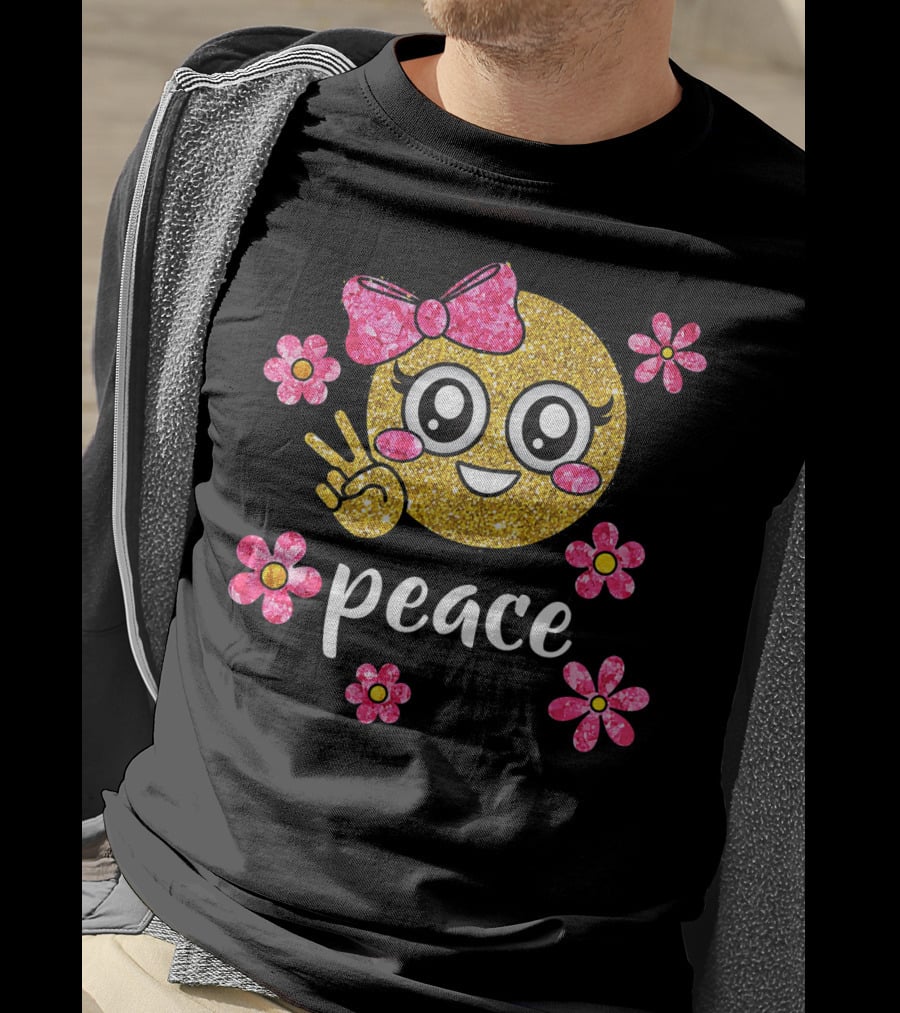 Cute Kawaii Emoji Glitter Peace Sign With Pink Flowers T-Shirt
