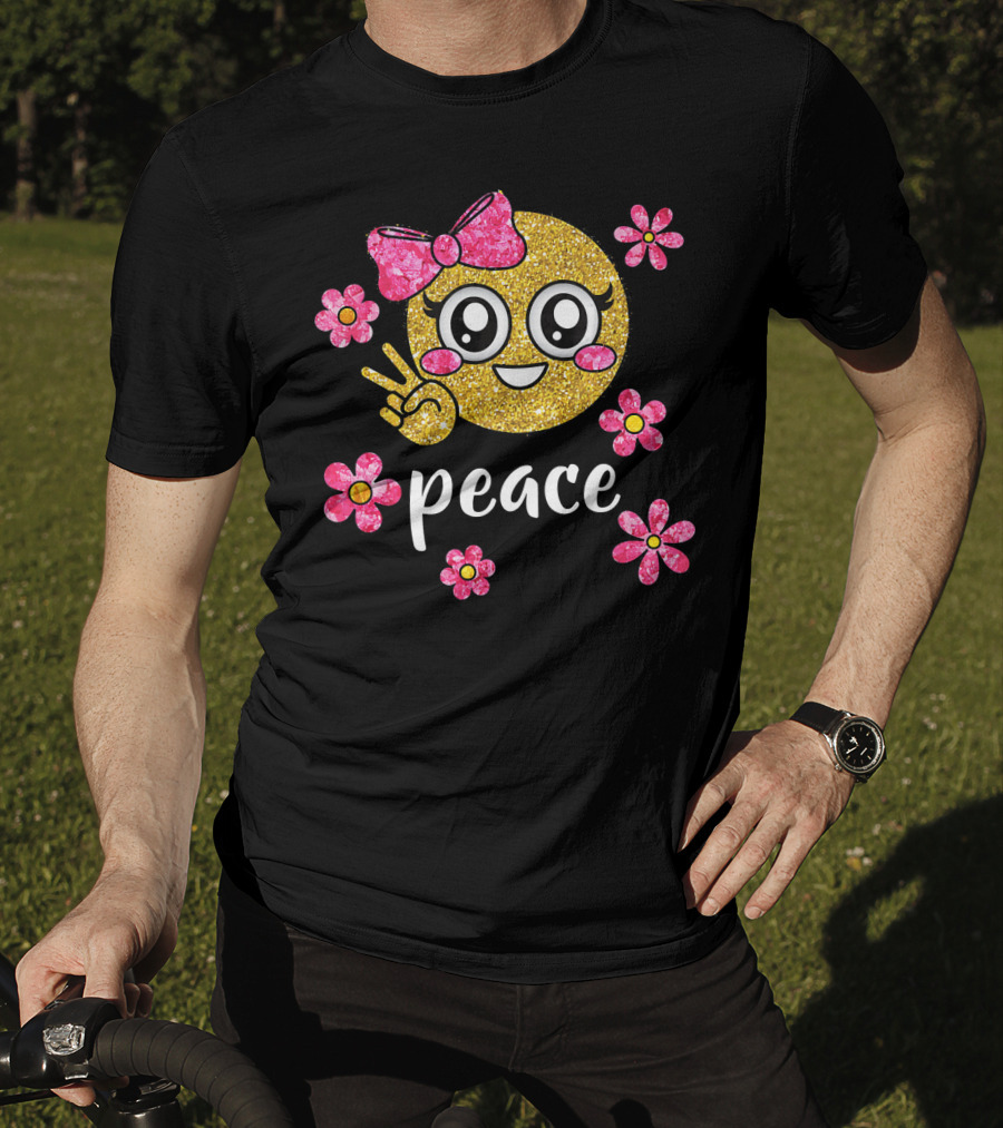 Cute Kawaii Emoji Glitter Peace Sign With Pink Flowers T-Shirt