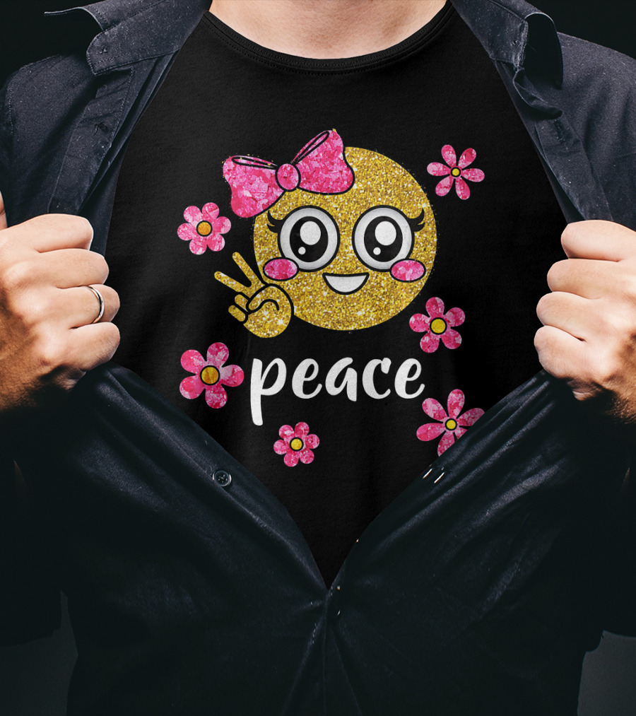 Cute Kawaii Emoji Glitter Peace Sign With Pink Flowers T-Shirt