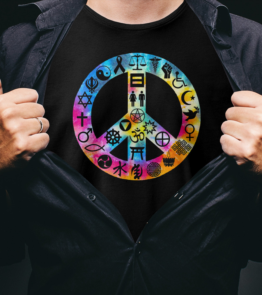 Human Rights Peace Symbol Tie Dye With Diverse Religious And Cultural Icons T-Shirt