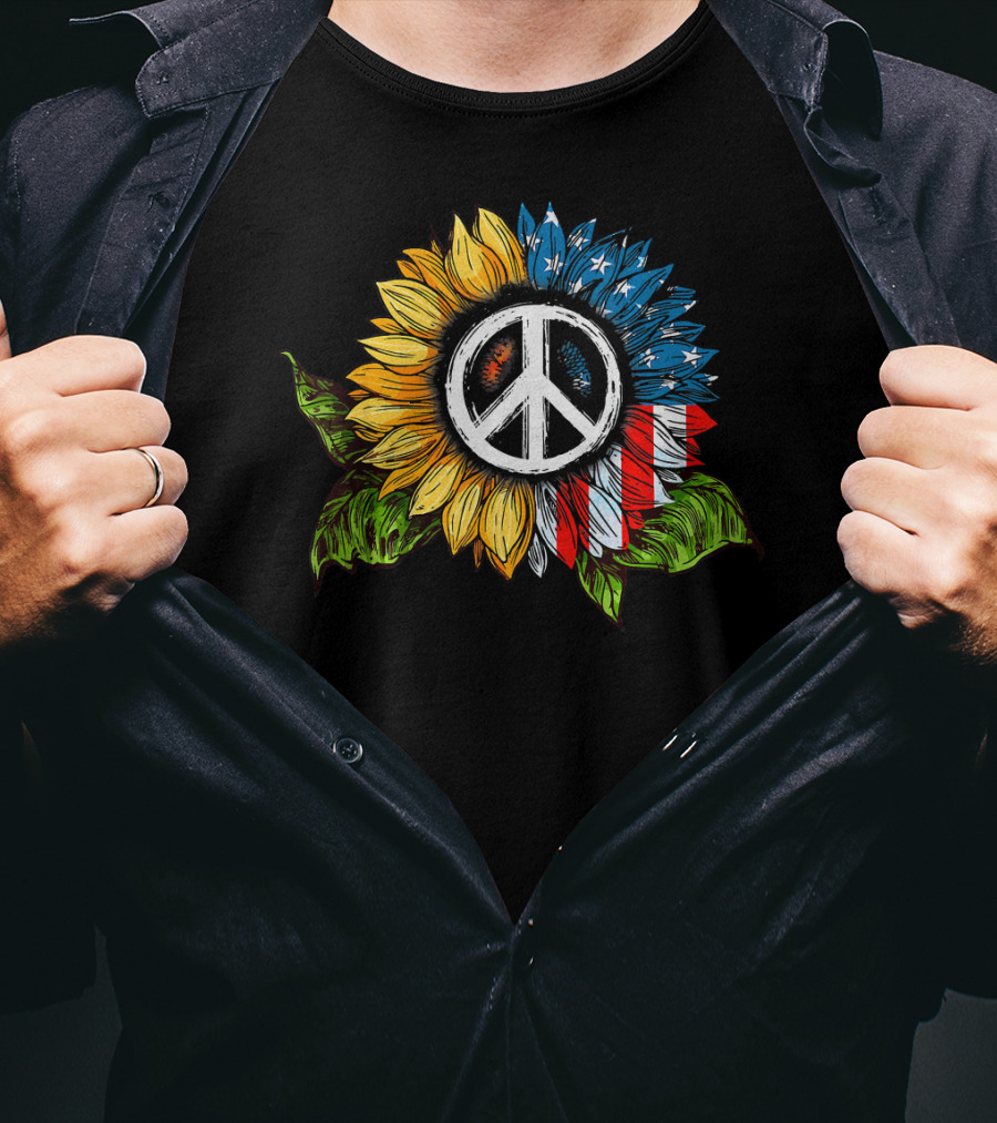 Sunflower Peace Sign American Flag T-Shirt
