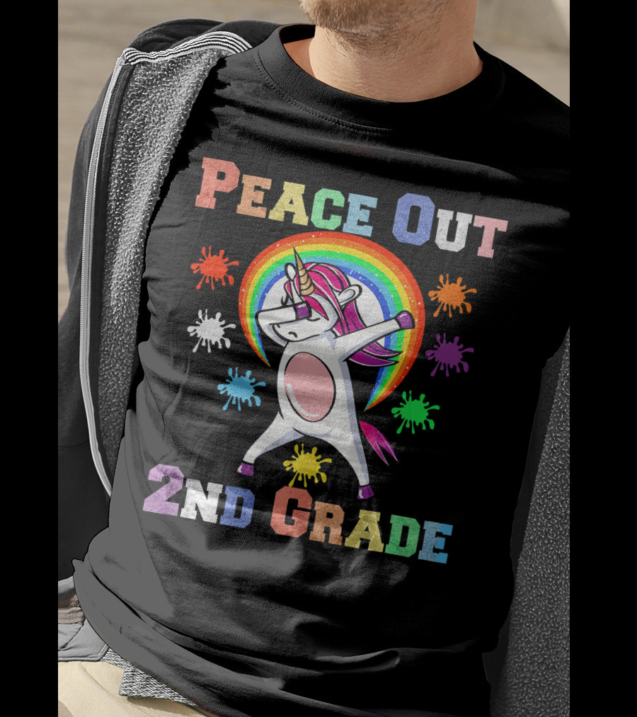 Peace Out 2nd Grade Unicorn Dabbin Rainbow Splash T-Shirt