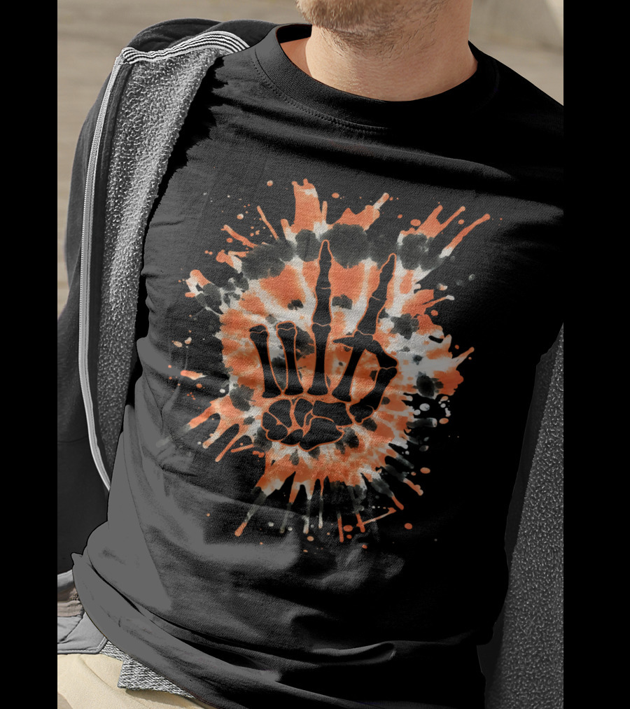 Orange Tie Dye Skeleton Hand Peace Sign T-Shirt