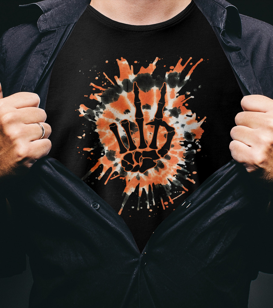 Orange Tie Dye Skeleton Hand Peace Sign T-Shirt