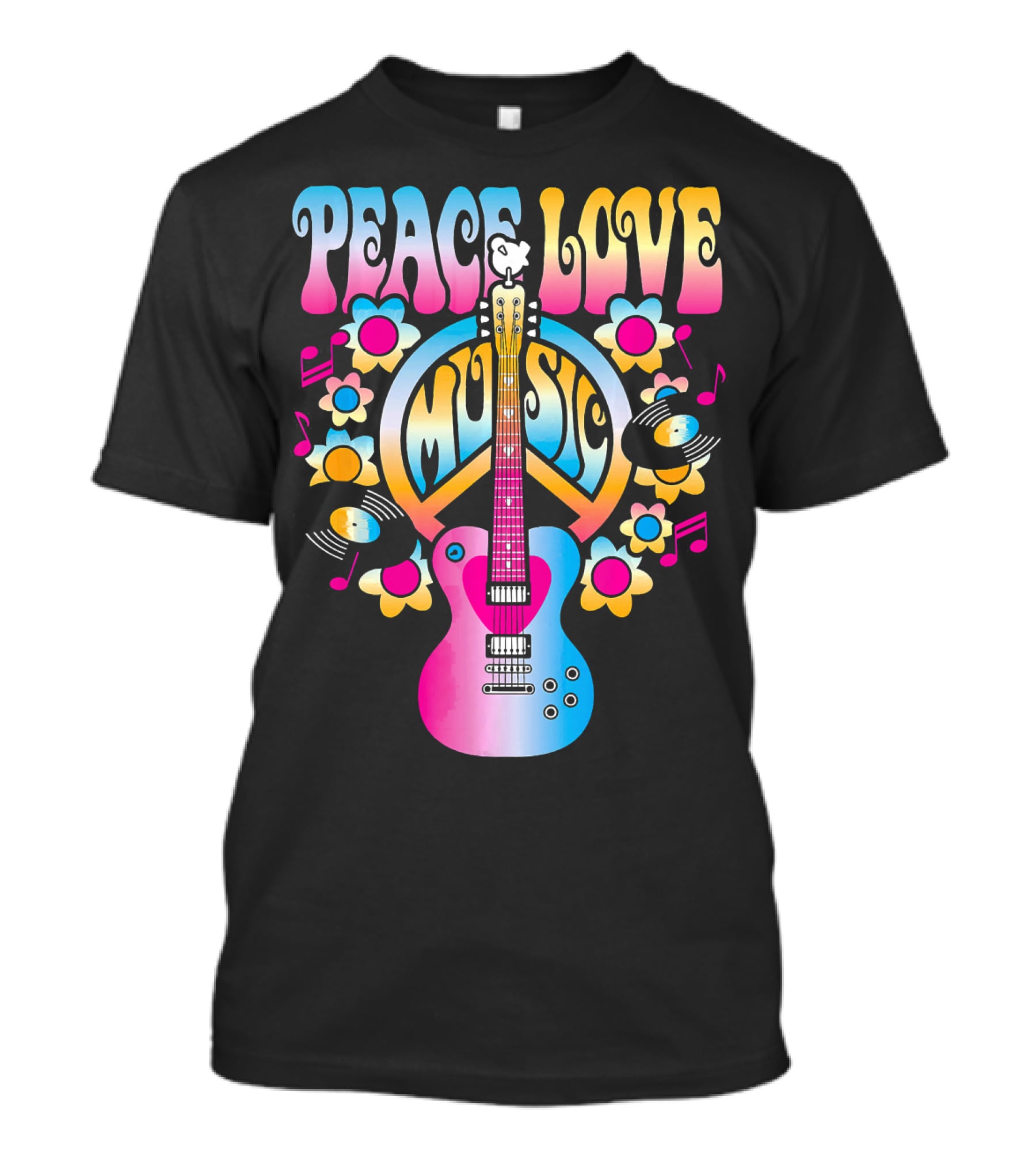 PEACE LOVE MUSIC Retro Rock And Roll Guitar Groovy 60s Style With Flowers And Peace T-Shirt