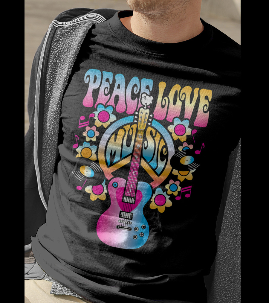 PEACE LOVE MUSIC Retro Rock And Roll Guitar Groovy 60s Style With Flowers And Peace T-Shirt