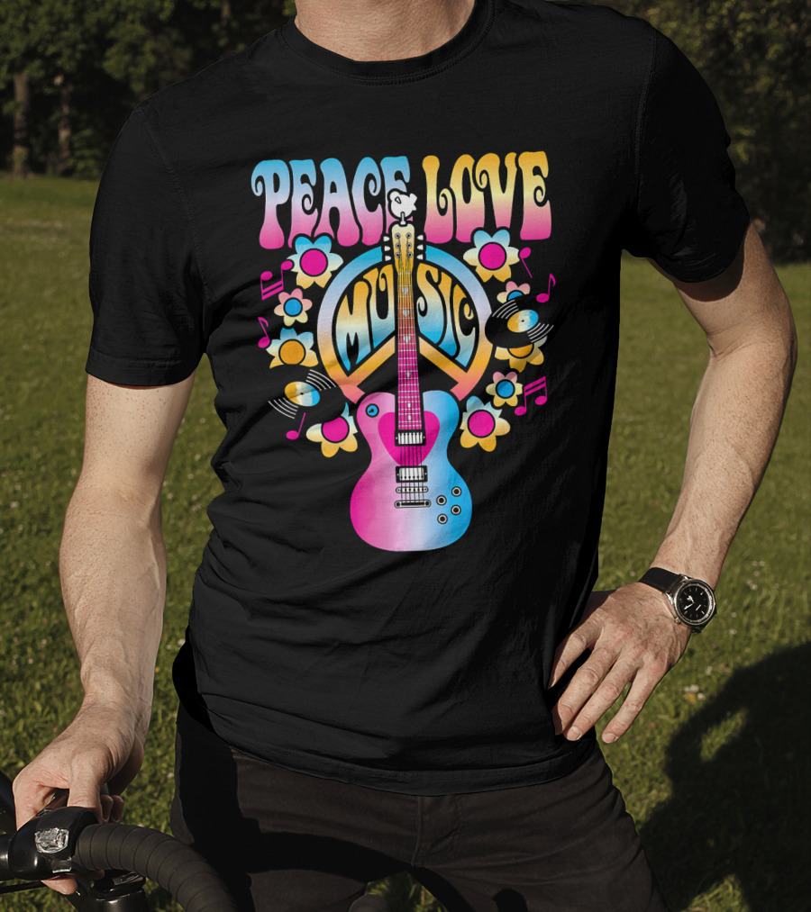 PEACE LOVE MUSIC Retro Rock And Roll Guitar Groovy 60s Style With Flowers And Peace T-Shirt
