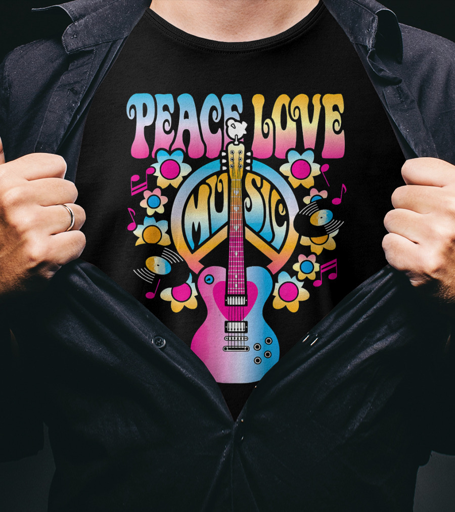 PEACE LOVE MUSIC Retro Rock And Roll Guitar Groovy 60s Style With Flowers And Peace T-Shirt