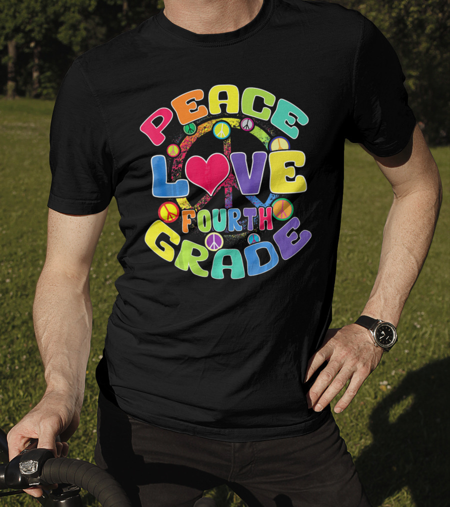 Peace Love Fourth Grade Back To School Groovy Rainbow Peace Signs T-Shirt