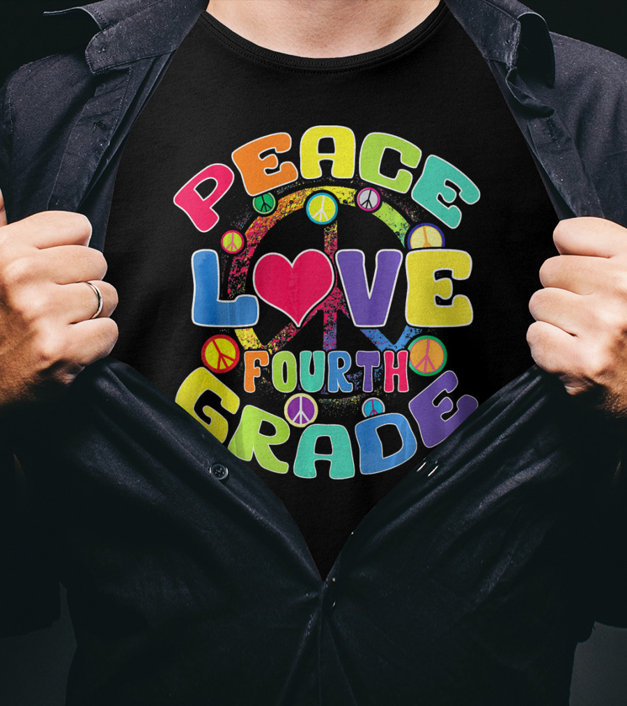 Peace Love Fourth Grade Back To School Groovy Rainbow Peace Signs T-Shirt