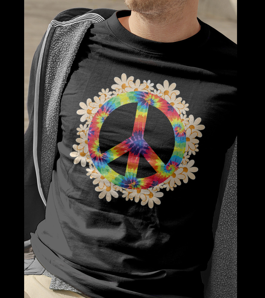 Rainbow Tie-Dye Peace Sign With Daisy Border T-Shirt