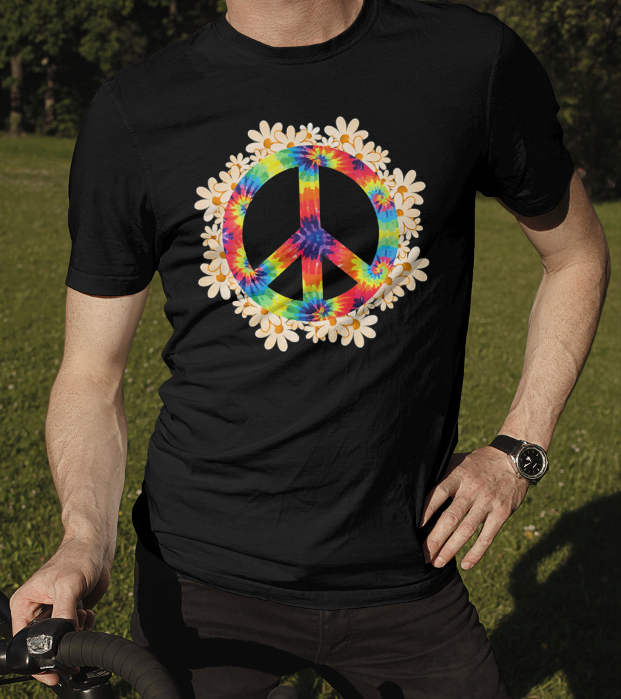 Rainbow Tie-Dye Peace Sign With Daisy Border T-Shirt
