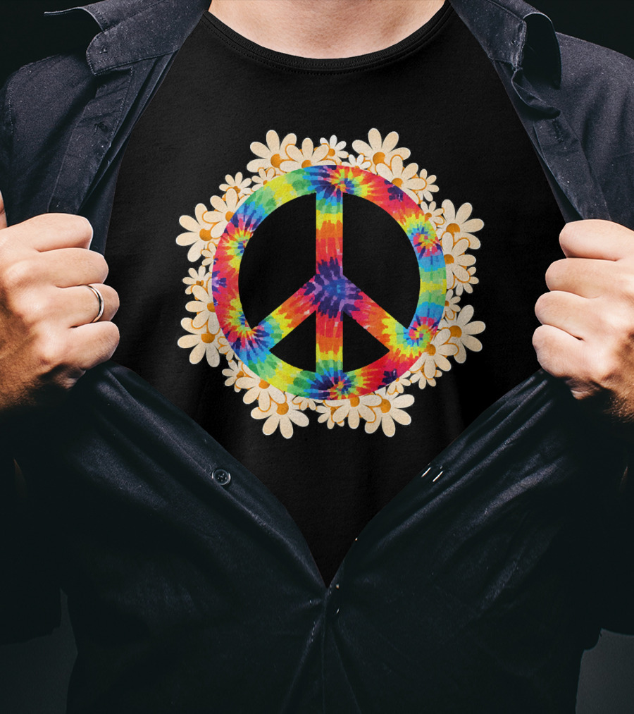 Rainbow Tie-Dye Peace Sign With Daisy Border T-Shirt