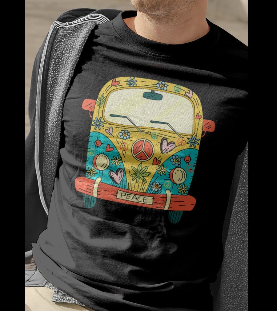Peace Hippie Van Colorful Flowers And Hearts T-Shirt