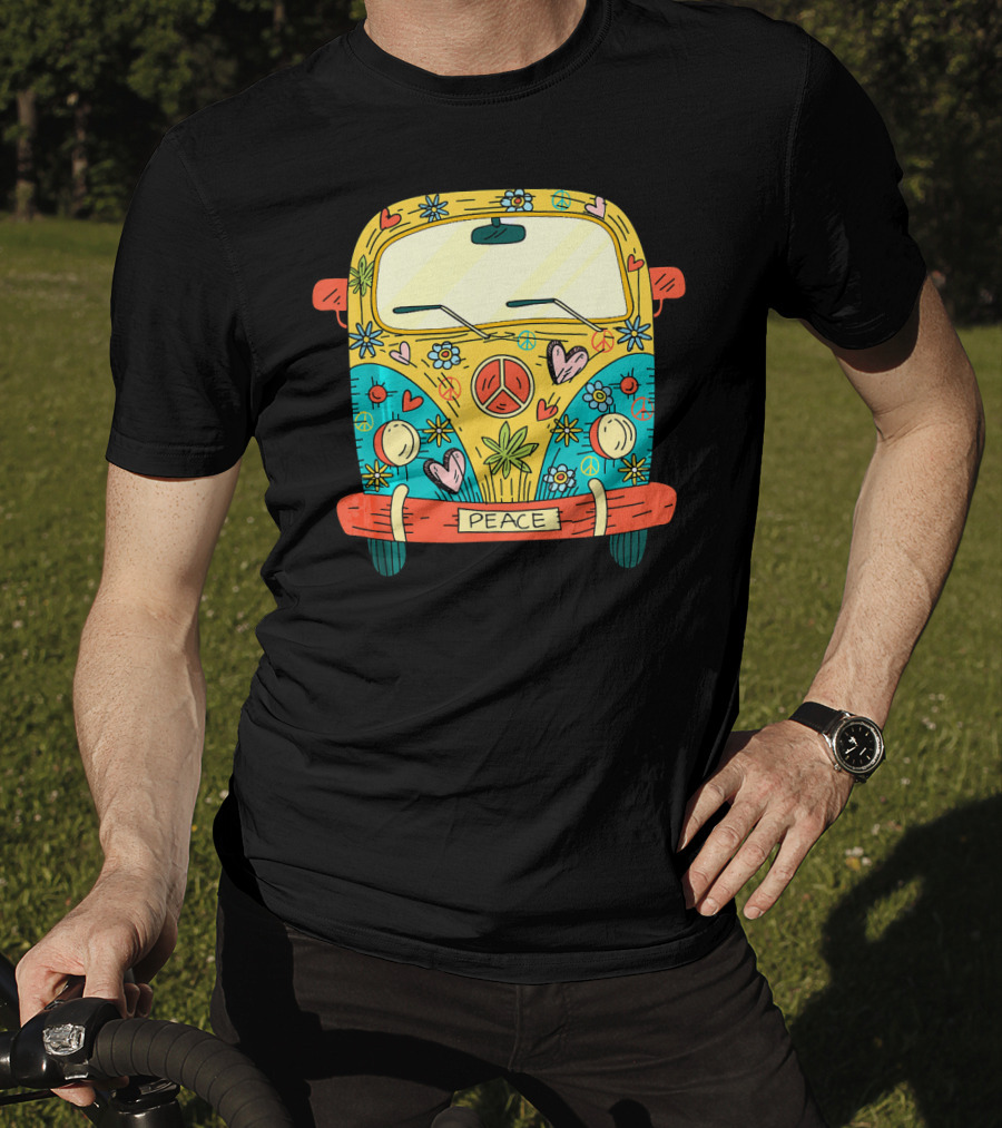 Peace Hippie Van Colorful Flowers And Hearts T-Shirt