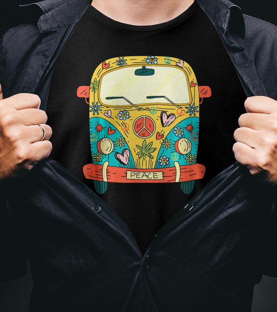 Peace Hippie Van Colorful Flowers And Hearts T-Shirt