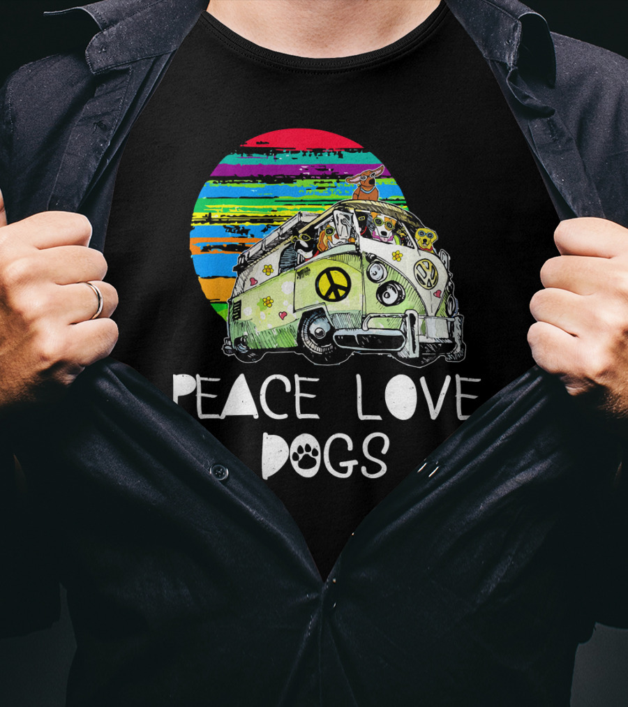 Peace Love Dogs Hippie Van Dog Lovers Vintage Peace Sign Retro Circle T-Shirt