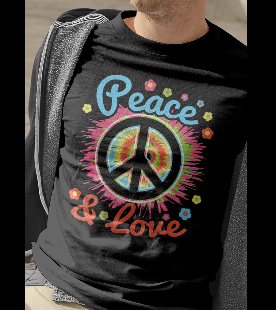Peace And Love Tie-Dye Peace Sign With Colorful Flowers T-Shirt