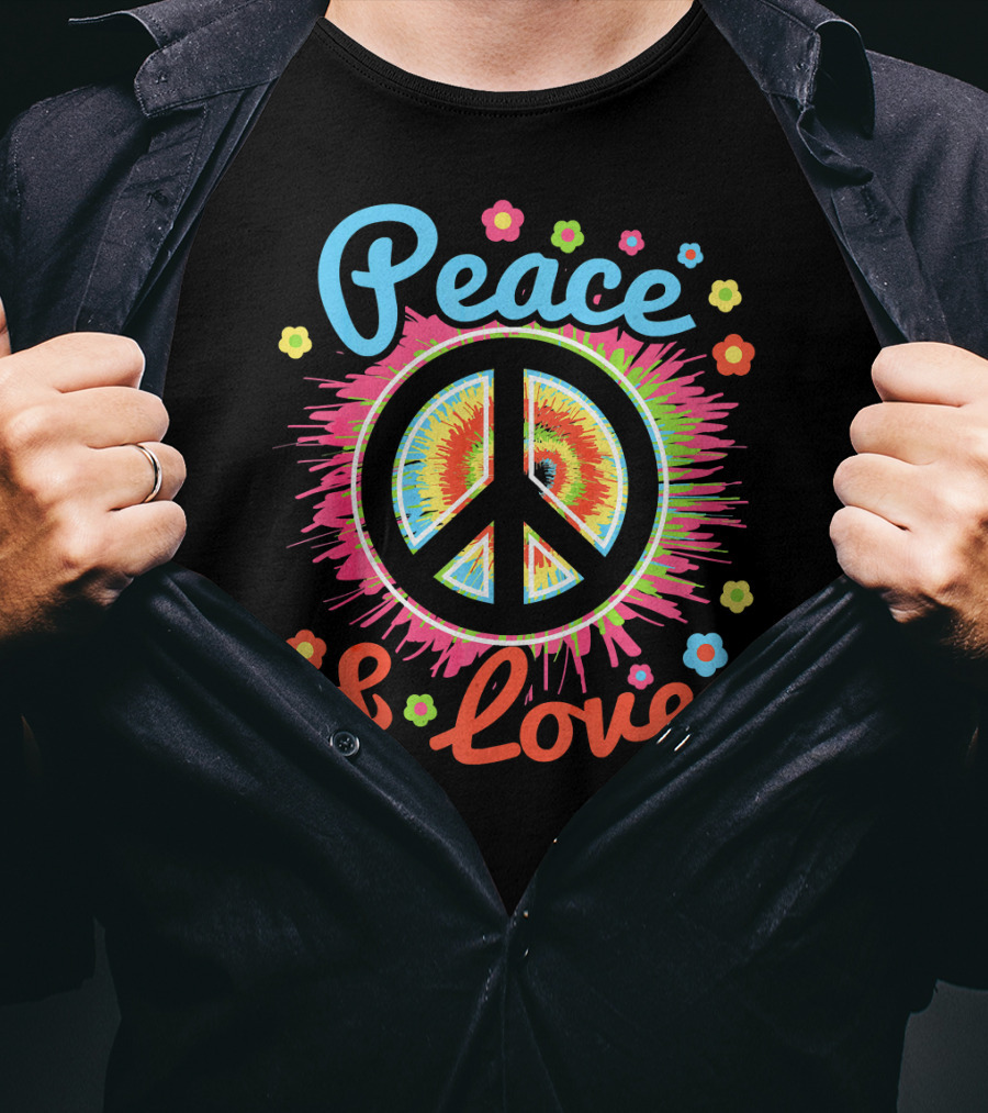 Peace And Love Tie-Dye Peace Sign With Colorful Flowers T-Shirt
