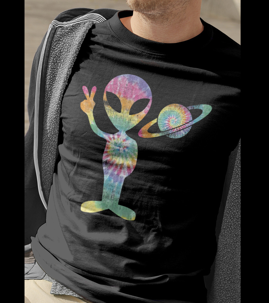 Funny Tie Dye Alien Peace Sign With Planet T-Shirt