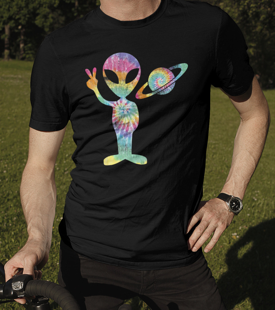 Funny Tie Dye Alien Peace Sign With Planet T-Shirt
