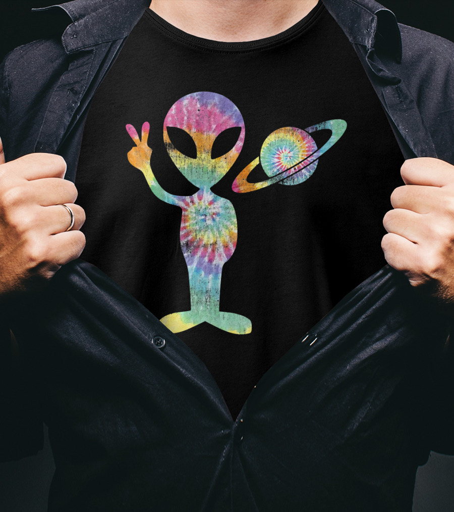 Funny Tie Dye Alien Peace Sign With Planet T-Shirt