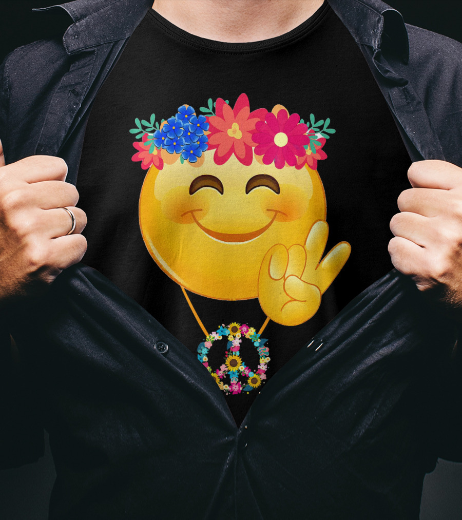 Hippie Flower Power Crown Smiley Peace Sign Necklace T-Shirt
